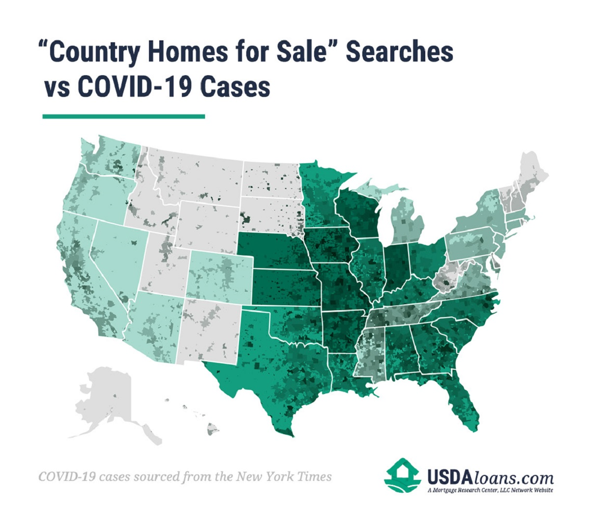 concentration of searches for country homes for sale vs COVID-19 cases graph